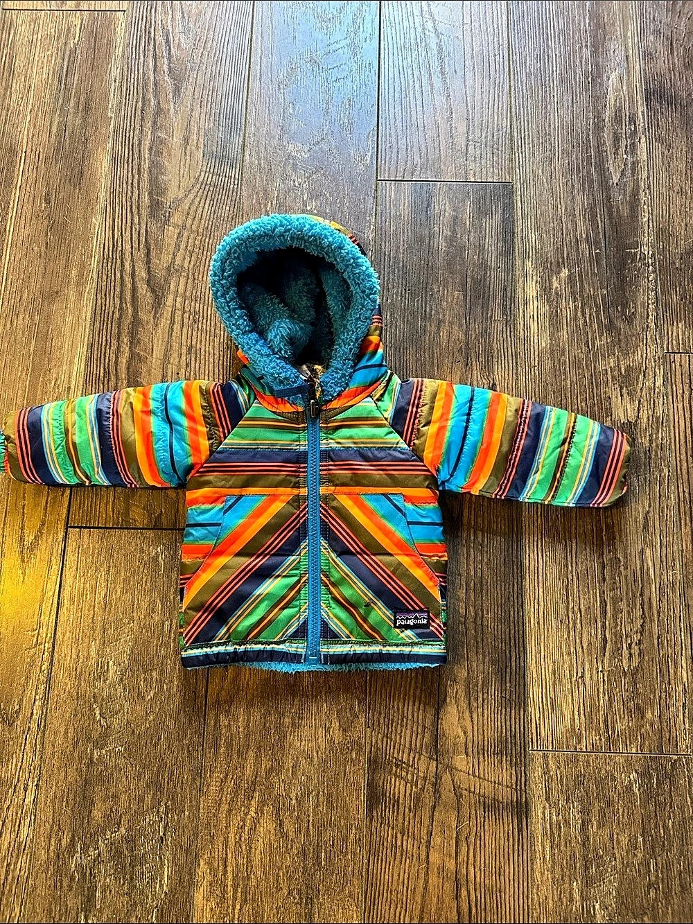Patagonia Baby Reversible Down Sweater Hoody Kids Striped Hooded Jacket, 3M